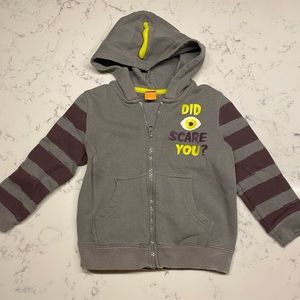 Halloween hoodie-size 3T. Zip up-great condition. DO EYE SCARE YOU-on front.